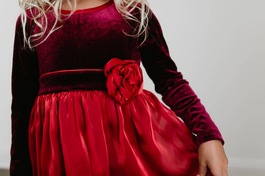 Kids Christmas Holiday Red Velvet Rosette Dress: 3/4