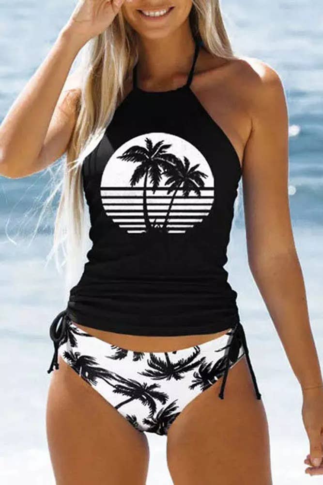 Coconut Tree Print Halter Ruched Tankini Set