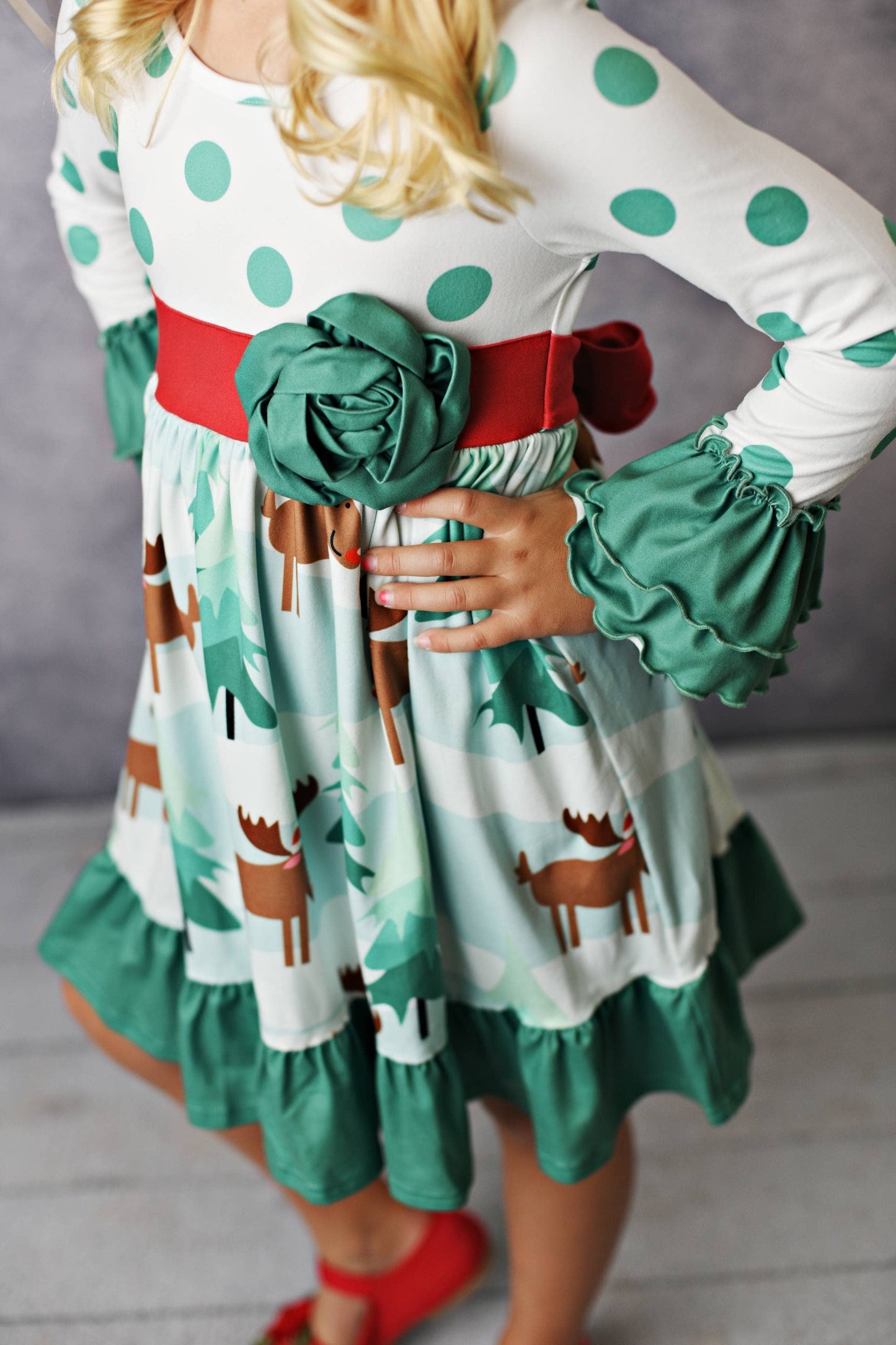 Kids Christmas Moose Rosette Dress: 2