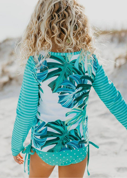 Kids Long Sleeve Teal Tropical Rash Guard Swimsuit