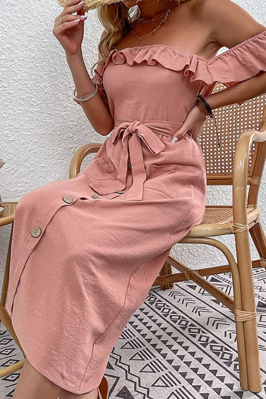 Ruffle Off Shoulder Pocket Dress