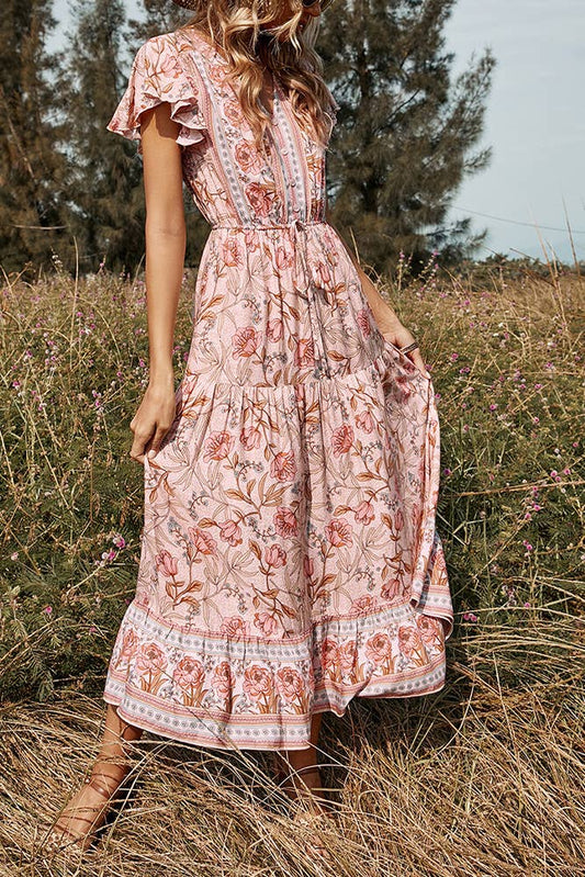 Ruffled Sleeve V Neck Maxi Floral Dress