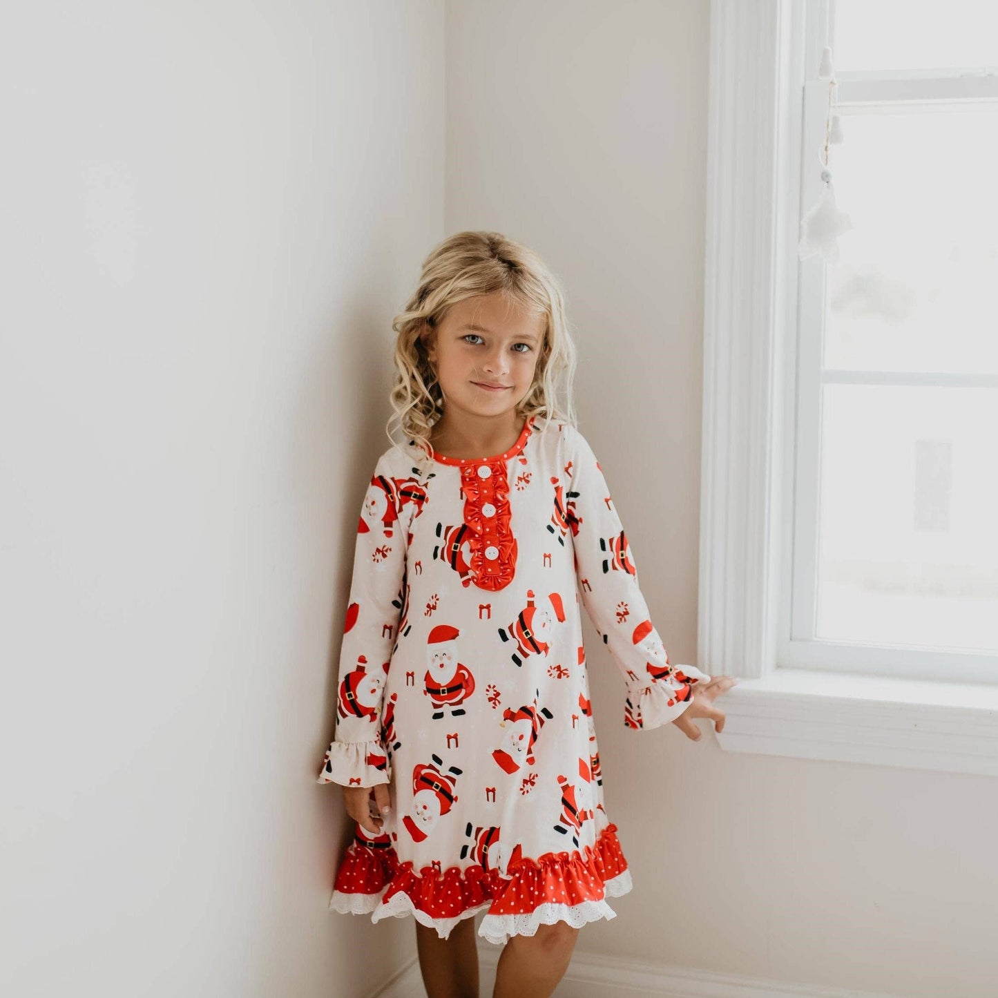 Kids Red Santa Holiday Christmas Ruffle Button Lounge Gown: 3/4