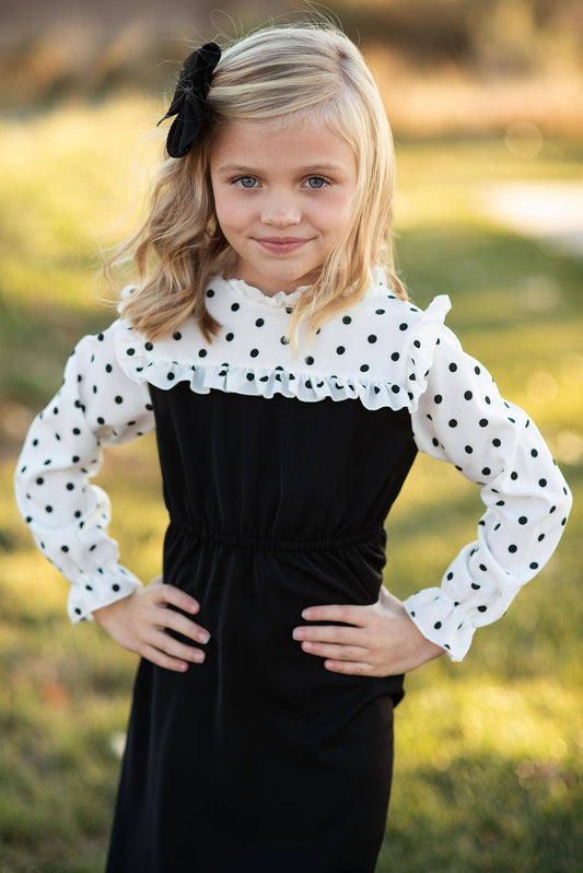 Kids Classic Black Polka Dot Ruffle Yolk Dress: 7/8