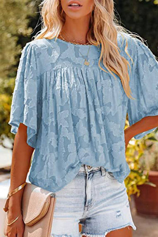 Texture Lace Flared Sleeve Crew Neck Top