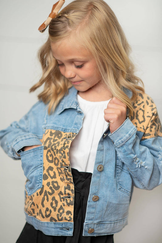 Kids Leopard Patch & Light Wash Denim Button Pocket Jacket