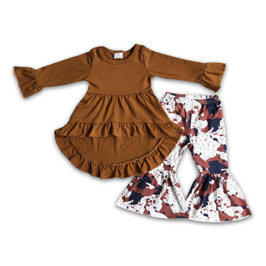 Brown high low tunic cow print pants kids clothing set