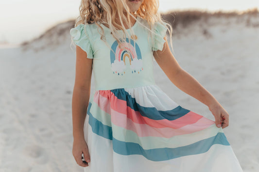 Kids Mint Blue Short Sleeve Rainbow Spring Summer Dress