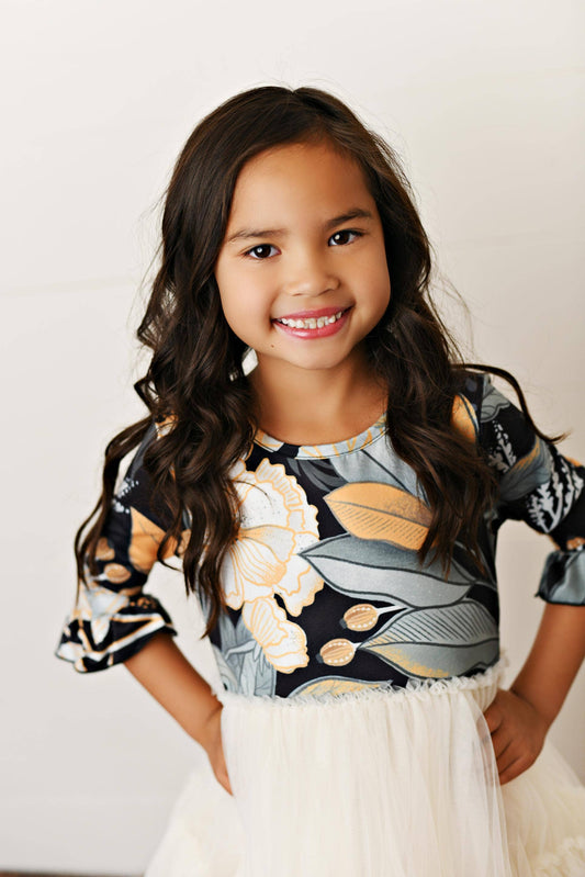 Kids Black & Cream Modern Floral Tulle Winter Dress