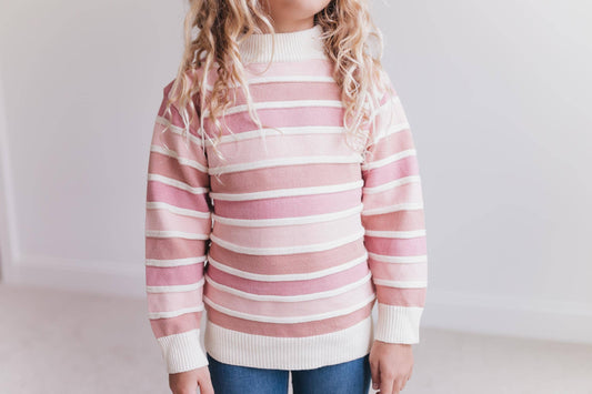 Kids Ombre Pink Stripe Ribbed Crew Neck Fall Winter Sweater: 10/12