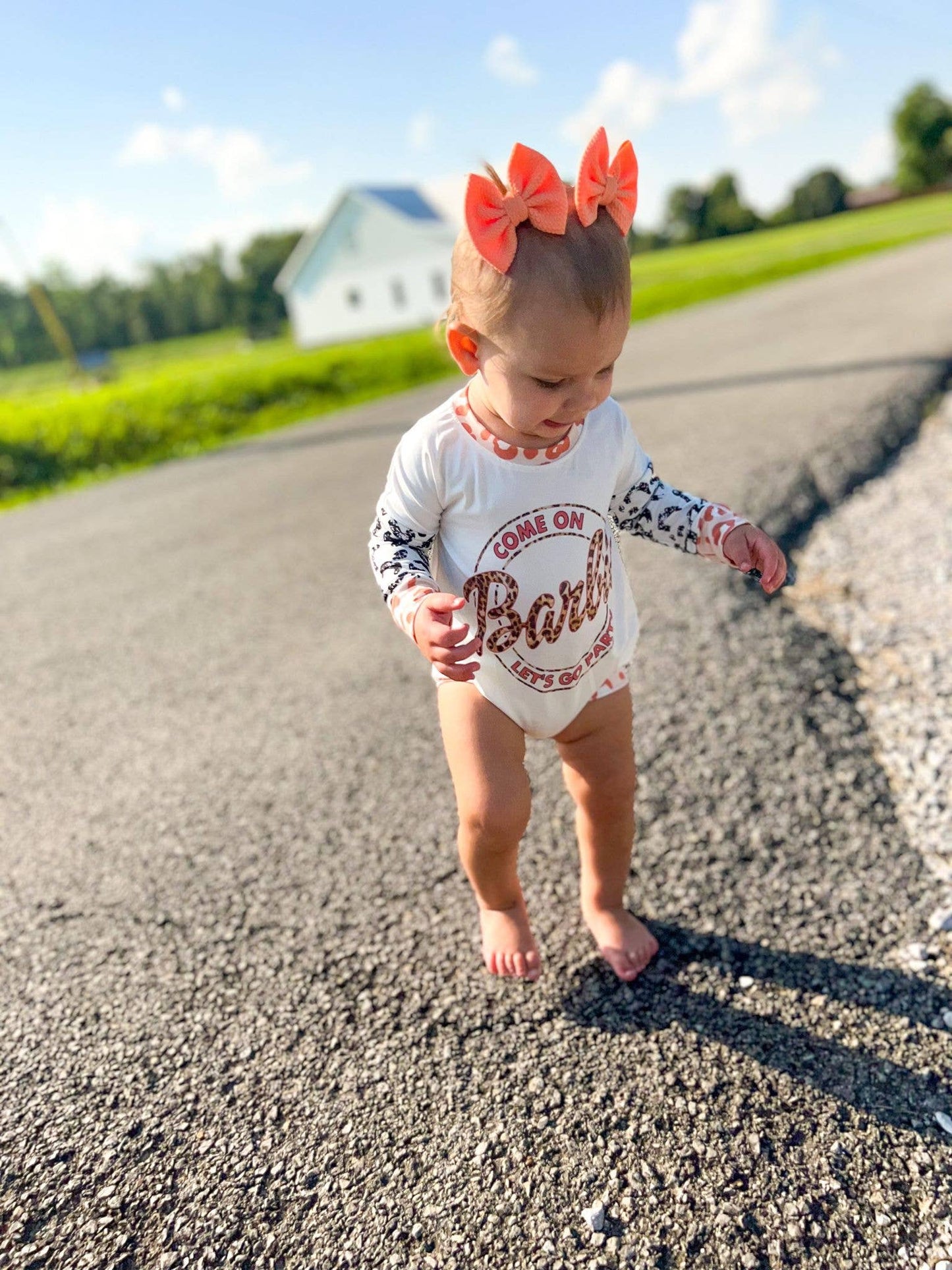 Leopard long sleeve white let's go party baby girls romper