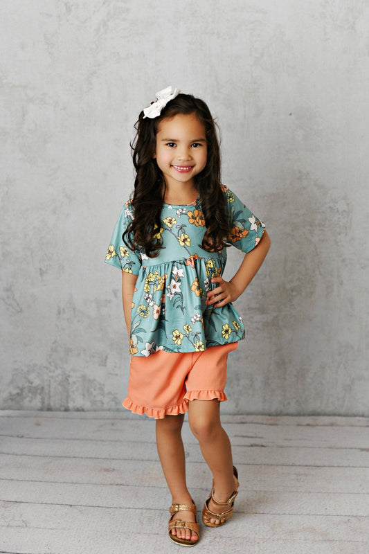 Kids Sage & Peach Floral Ruffle Spring Pocket Short Set