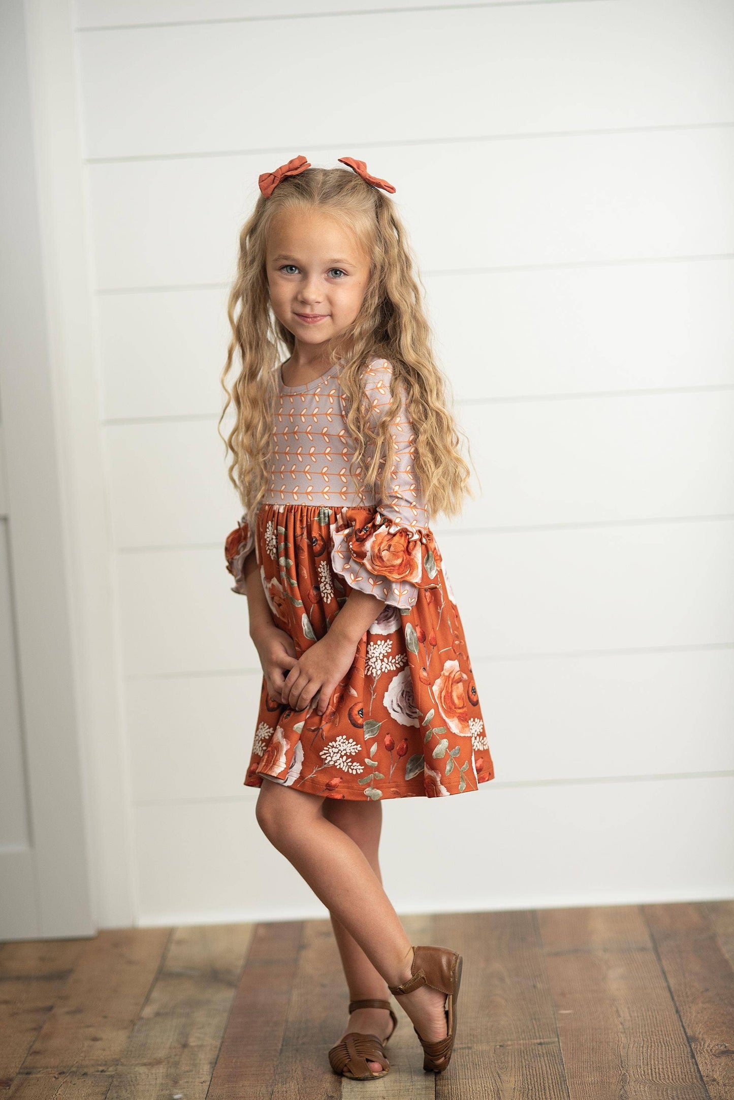 Kids Rust  Floral Twirl Fall Ruffles Dress