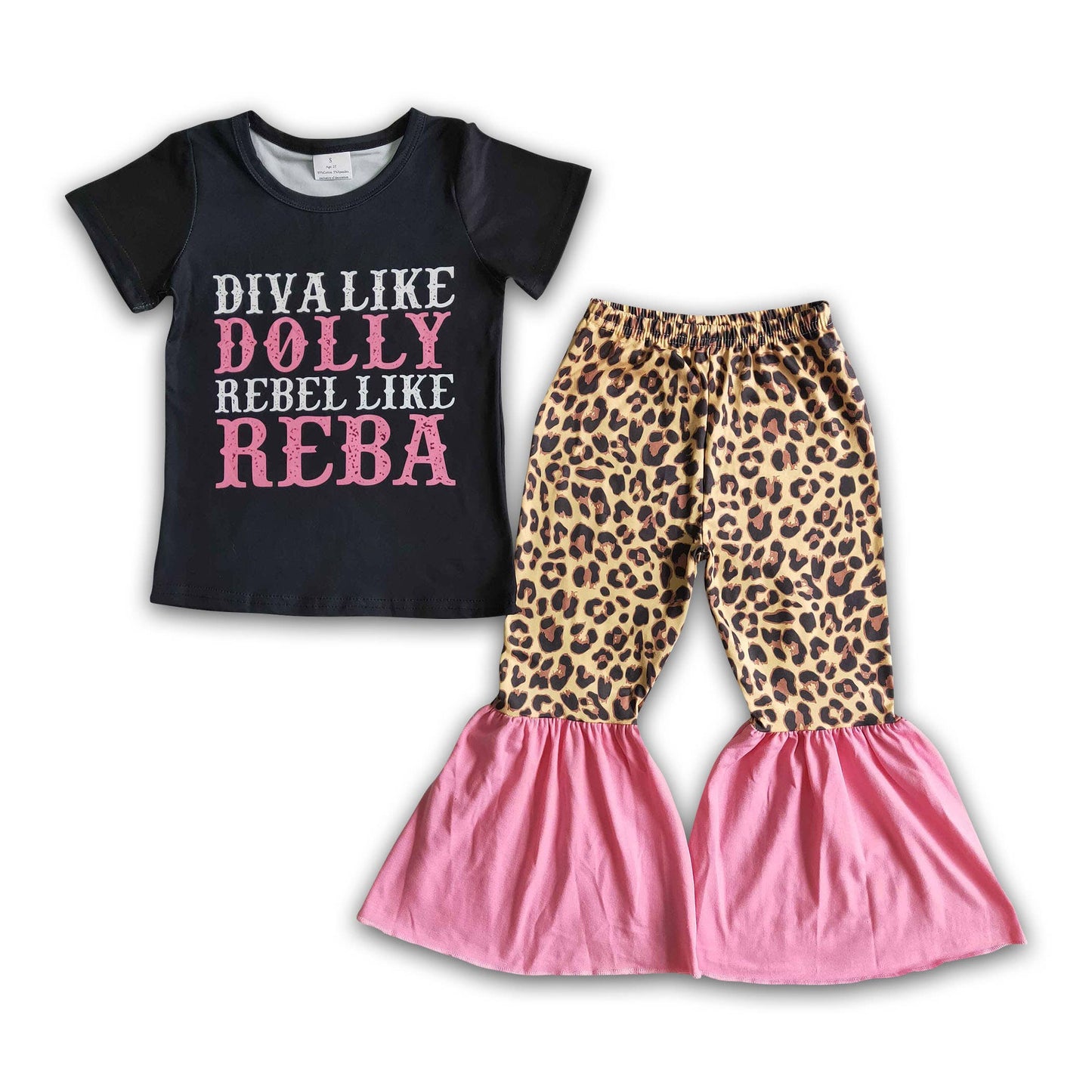 Short sleeve black shirt leopard pants girls clothing